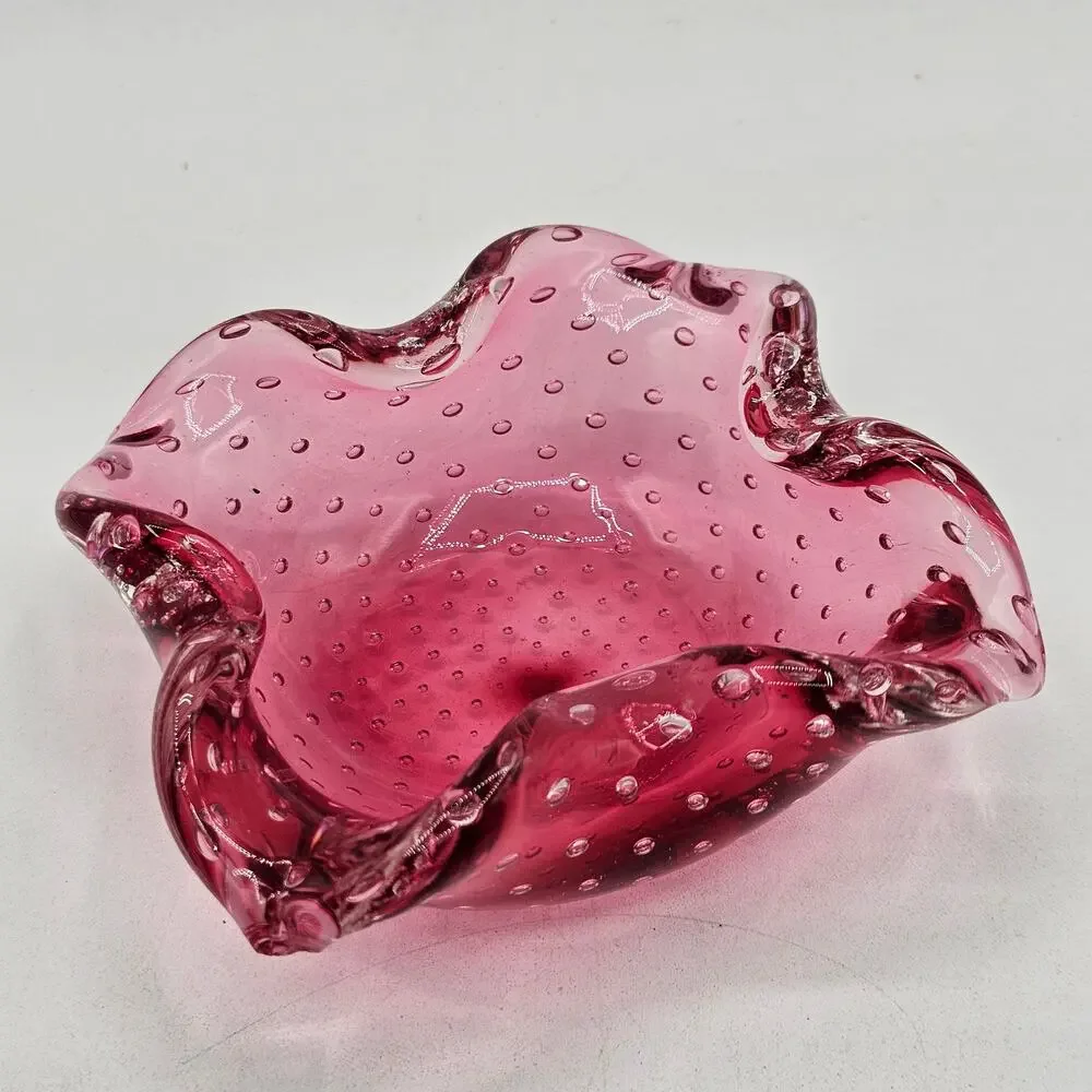 VTG Murano Cranberry Bullicante Art Glass Dish Controlled Bubble Trinket Tray